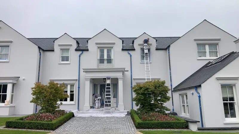 Two decorators on ladders painting the front of a white house, with the drive covered in sheets